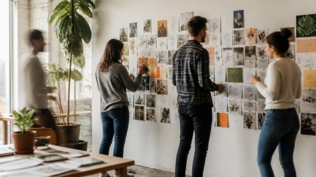 Content team planning an editorial calendar on a wall