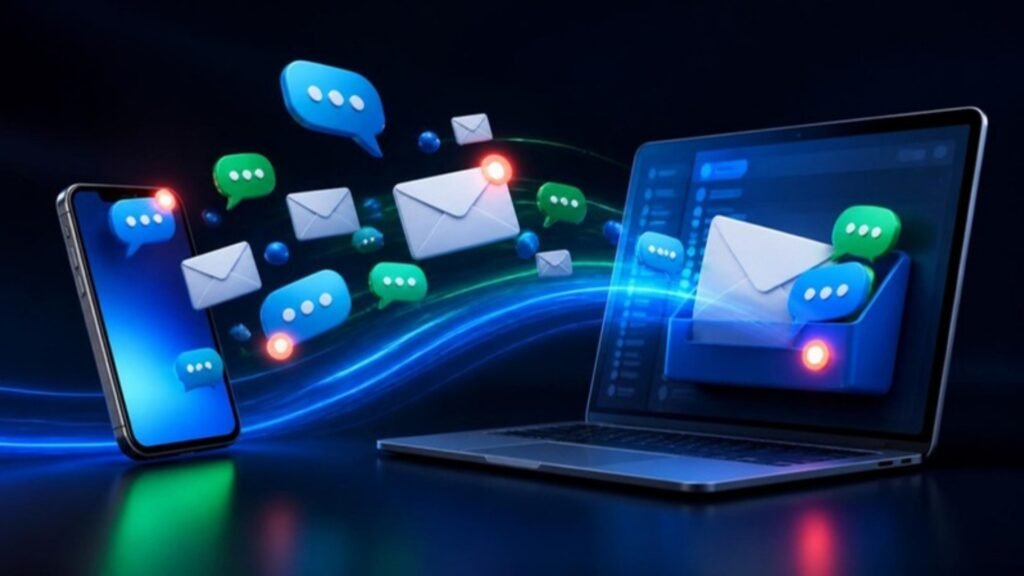 Social Media Marketing in Kottayam: The Complete 2026 Guide for Local Businesses WhatsApp and email messages flowing from phone to laptop
