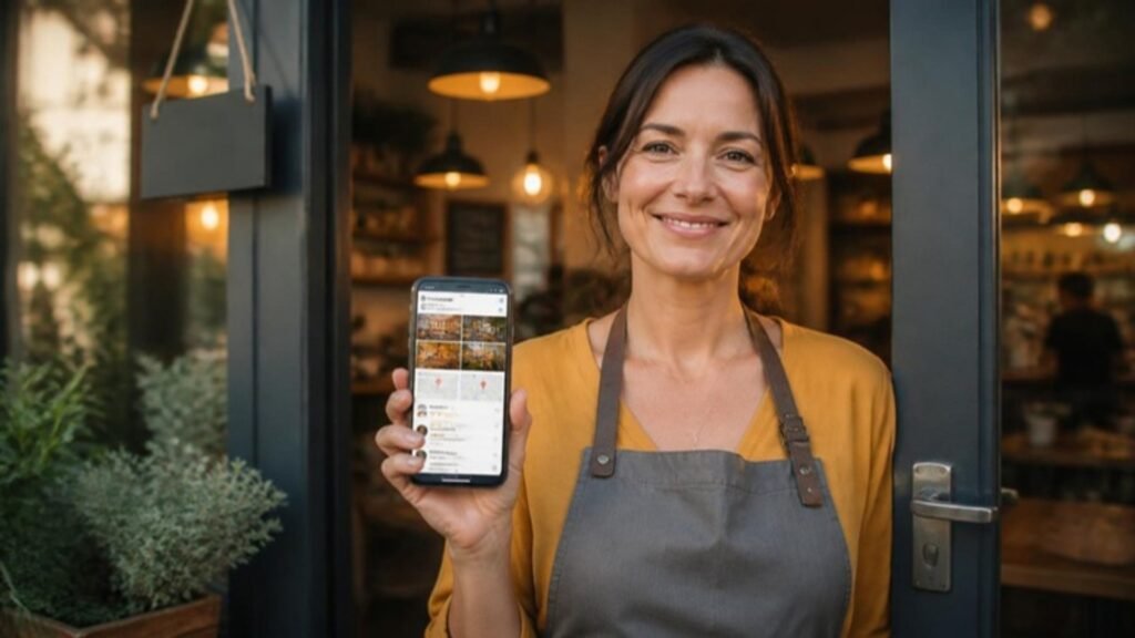 Google Business Profile Management in Kottayam: 11 Powerful Steps to Win Google Maps (2026) Café owner showing her Google Business Profile with reviews on a phone
