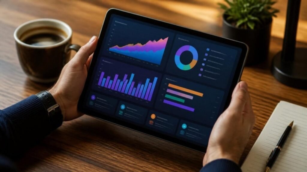 Marketing dashboard showing leads and cost per lead on a tablet