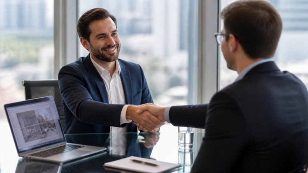 Business owner and digital marketing strategist shaking hands