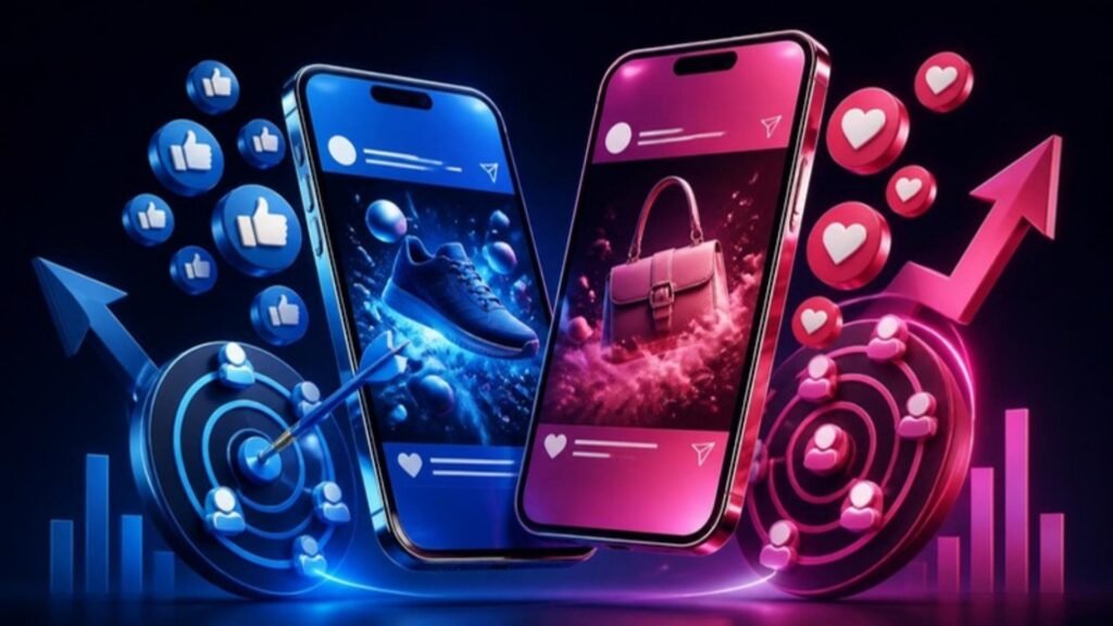 Smartphones showing Facebook and Instagram ad creatives