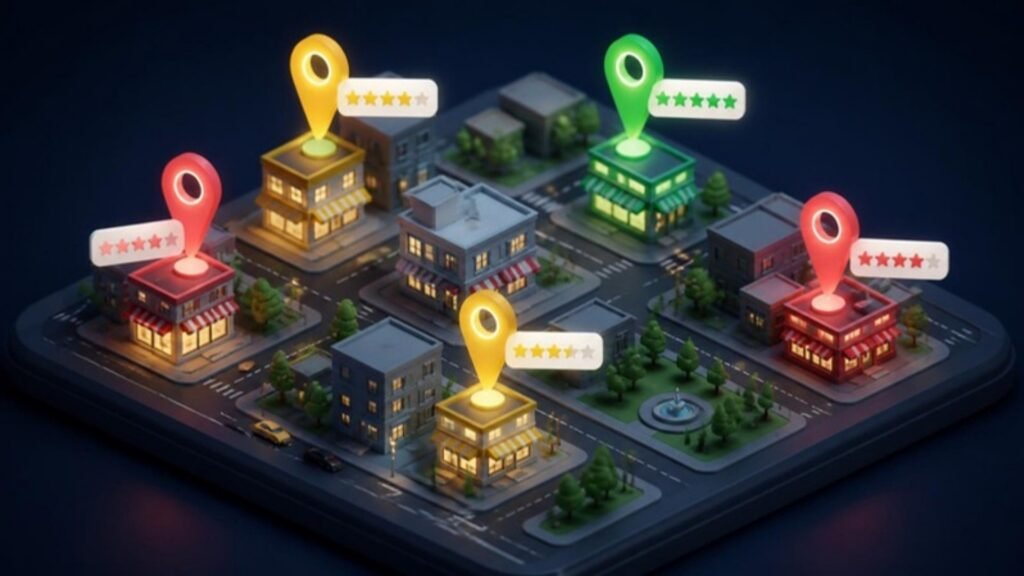 Google Business Profile Management in Kottayam: 11 Powerful Steps to Win Google Maps (2026) City map with business location pins and star ratings