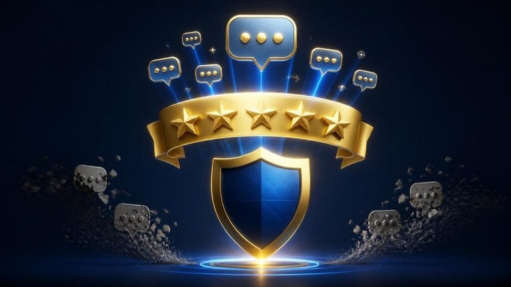 Google Business Profile Management in Kottayam: 11 Powerful Steps to Win Google Maps (2026) Five star ribbon and positive reviews above a shield