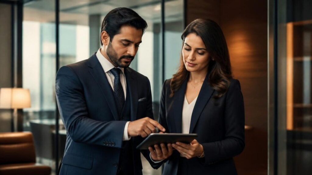 SEO Agency in Kottayam vs Freelancer vs In-House: 7 Proven Differences (2026) Consultants discussing an SEO strategy on a tablet