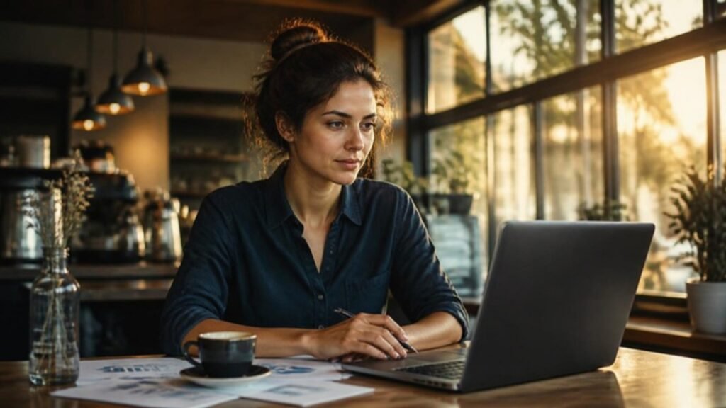 Small business owner reviewing growth on a laptop